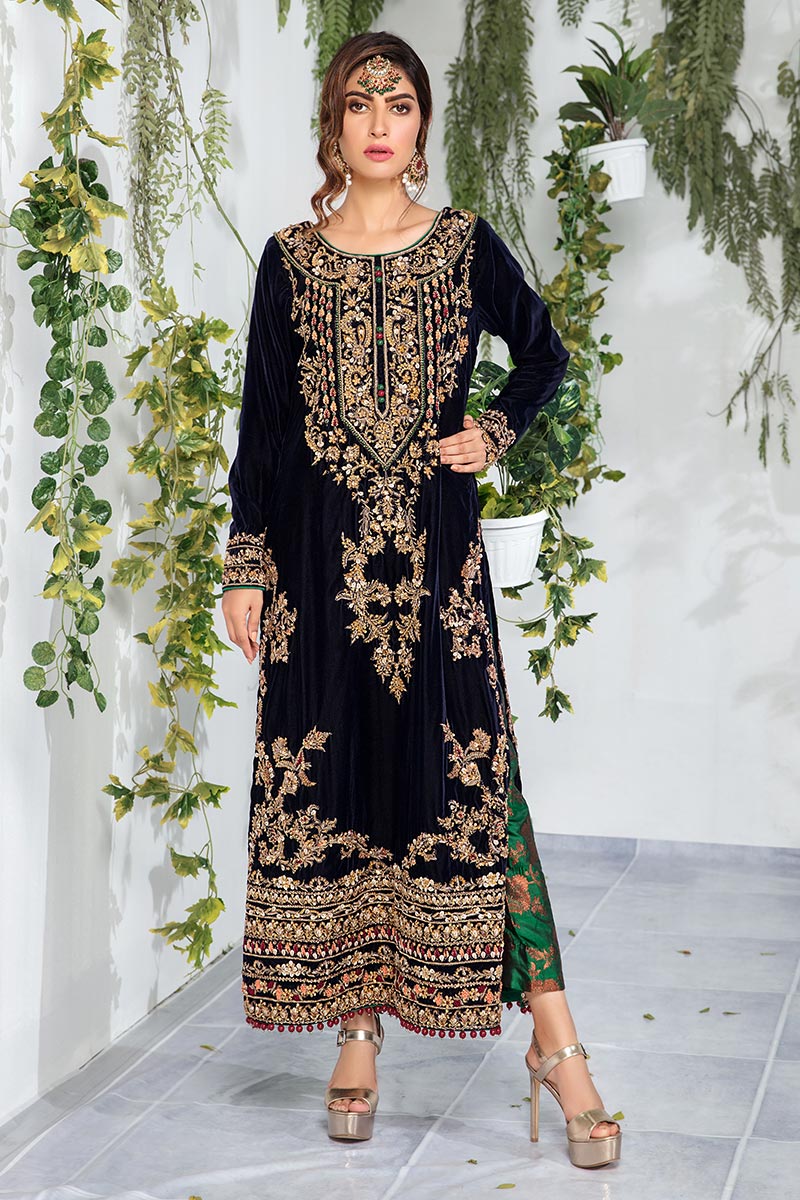 Navy Blue Embroidered Velvet Salwar Kameez (3-Piece) - Image 1