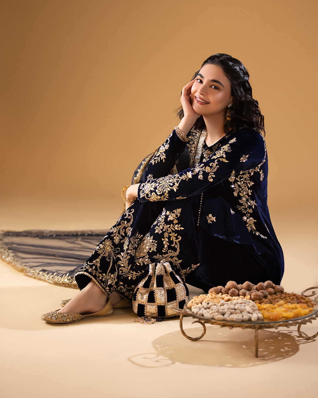 Pakistani Navy Blue Embroidered Velvet Salwar Kameez (3-Piece) - Image 4