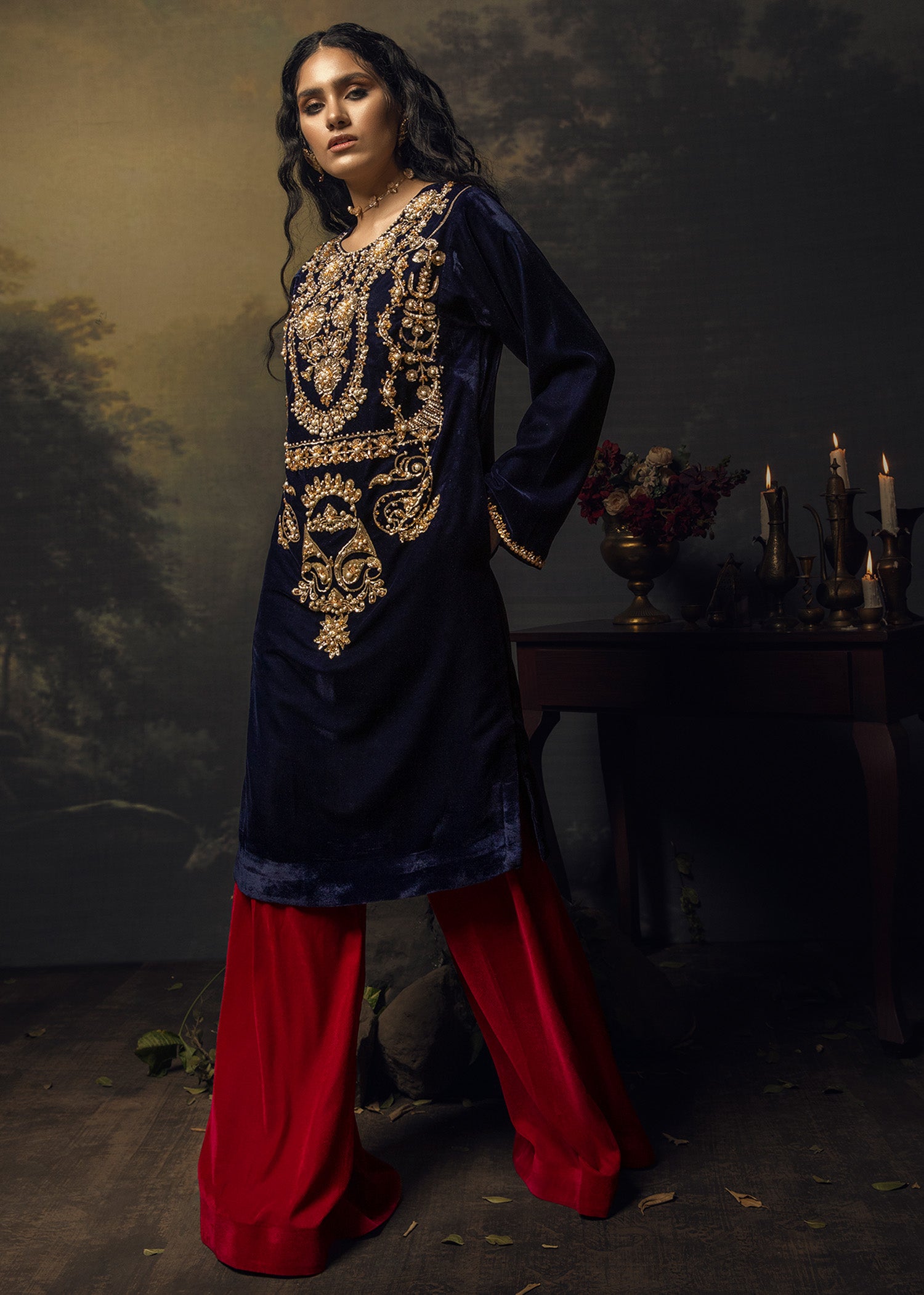 Navy Blue Embroidered Velvet Salwar Kameez (3-Piece) - Image 3