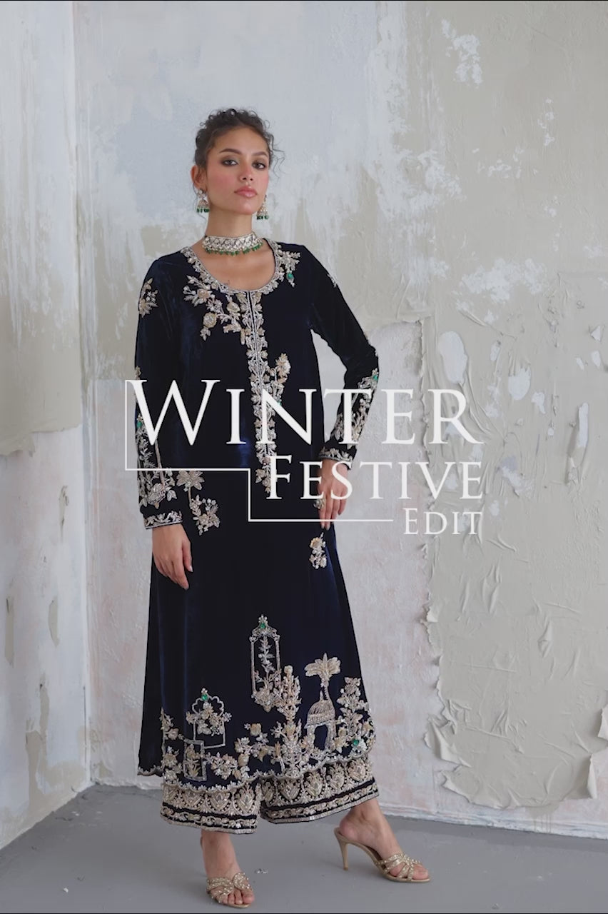 Navy Blue Zardozi Velvet Kurta Set (3-Piece) - Image 14