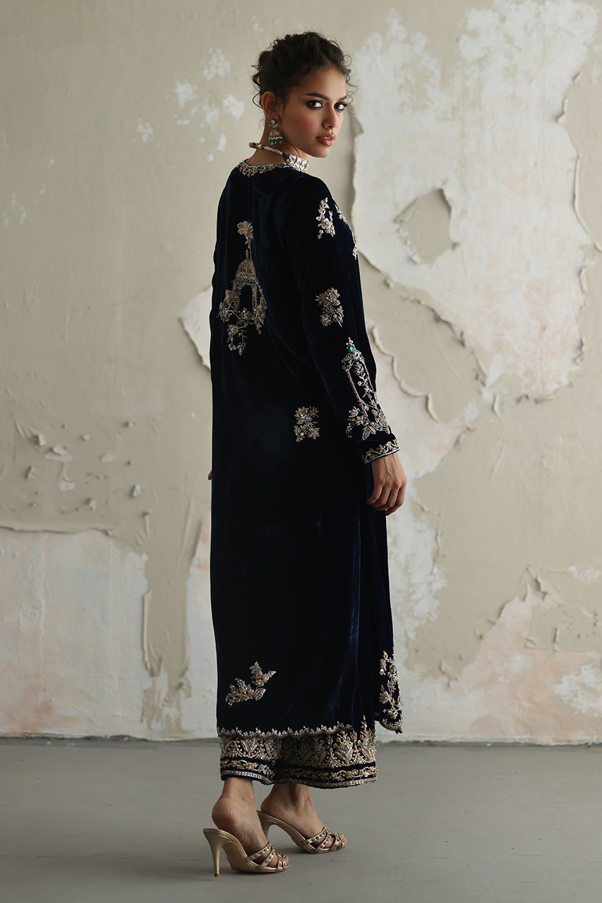 Navy Blue Zardozi Velvet Kurta Set (3-Piece) - Image 6
