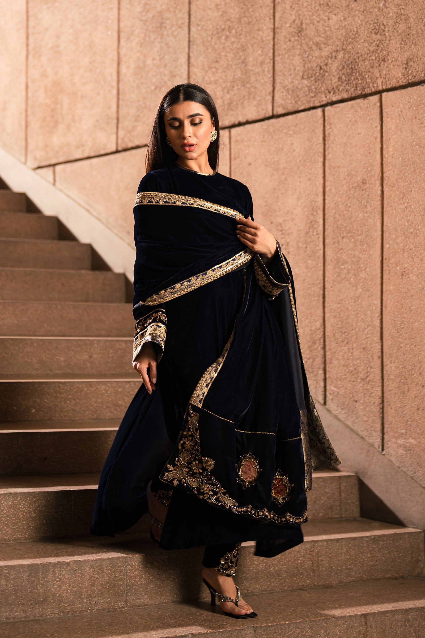 Navy Blue Zardozi Velvet Salwar Kameez (3-Piece) - Image 1
