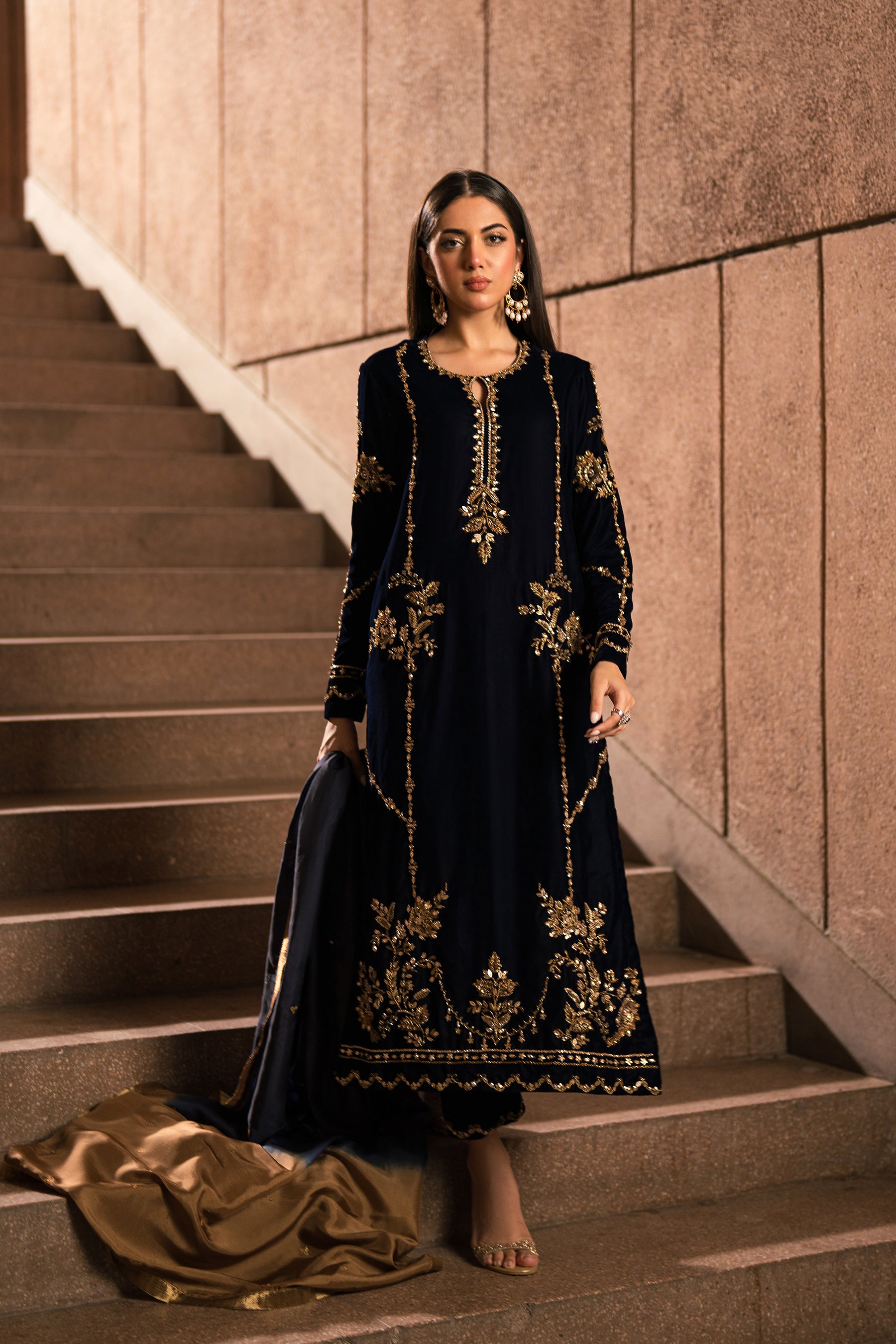 Navy Blue Zardozi Velvet & Silk Salwar Kameez (3-Piece) - Image 1