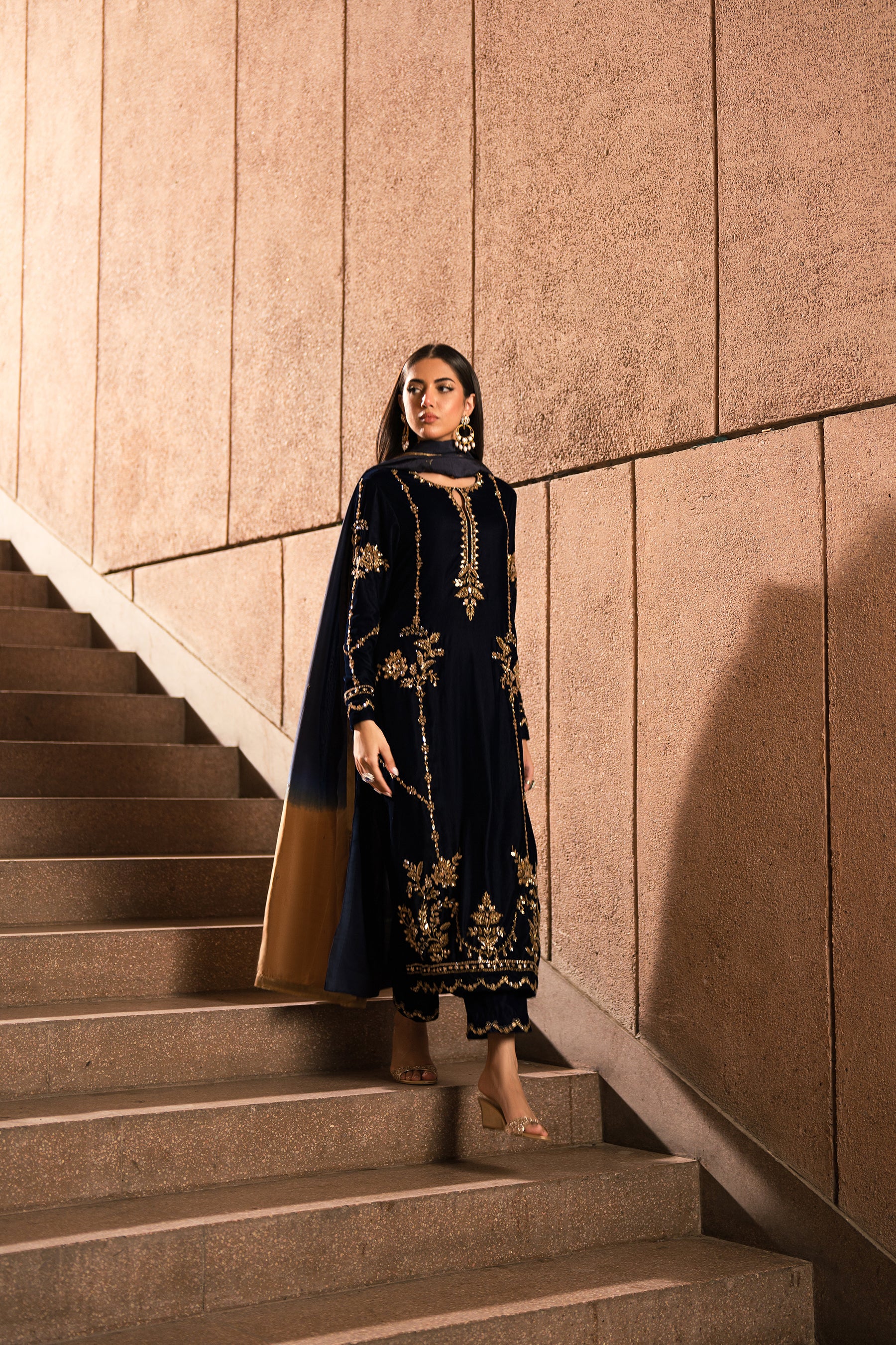 Navy Blue Zardozi Velvet & Silk Salwar Kameez (3-Piece) - Image 5
