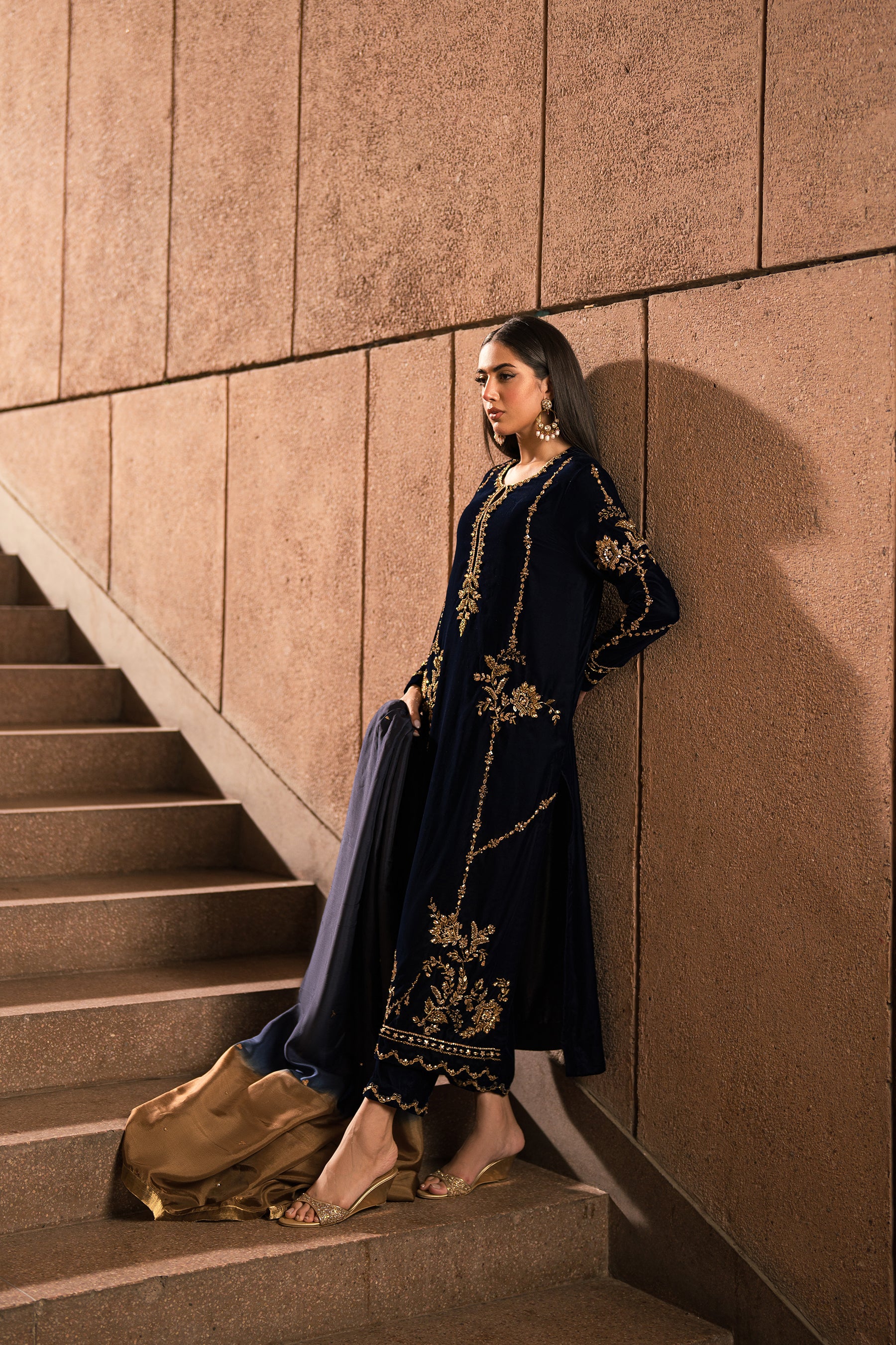 Navy Blue Zardozi Velvet & Silk Salwar Kameez (3-Piece) - Image 6