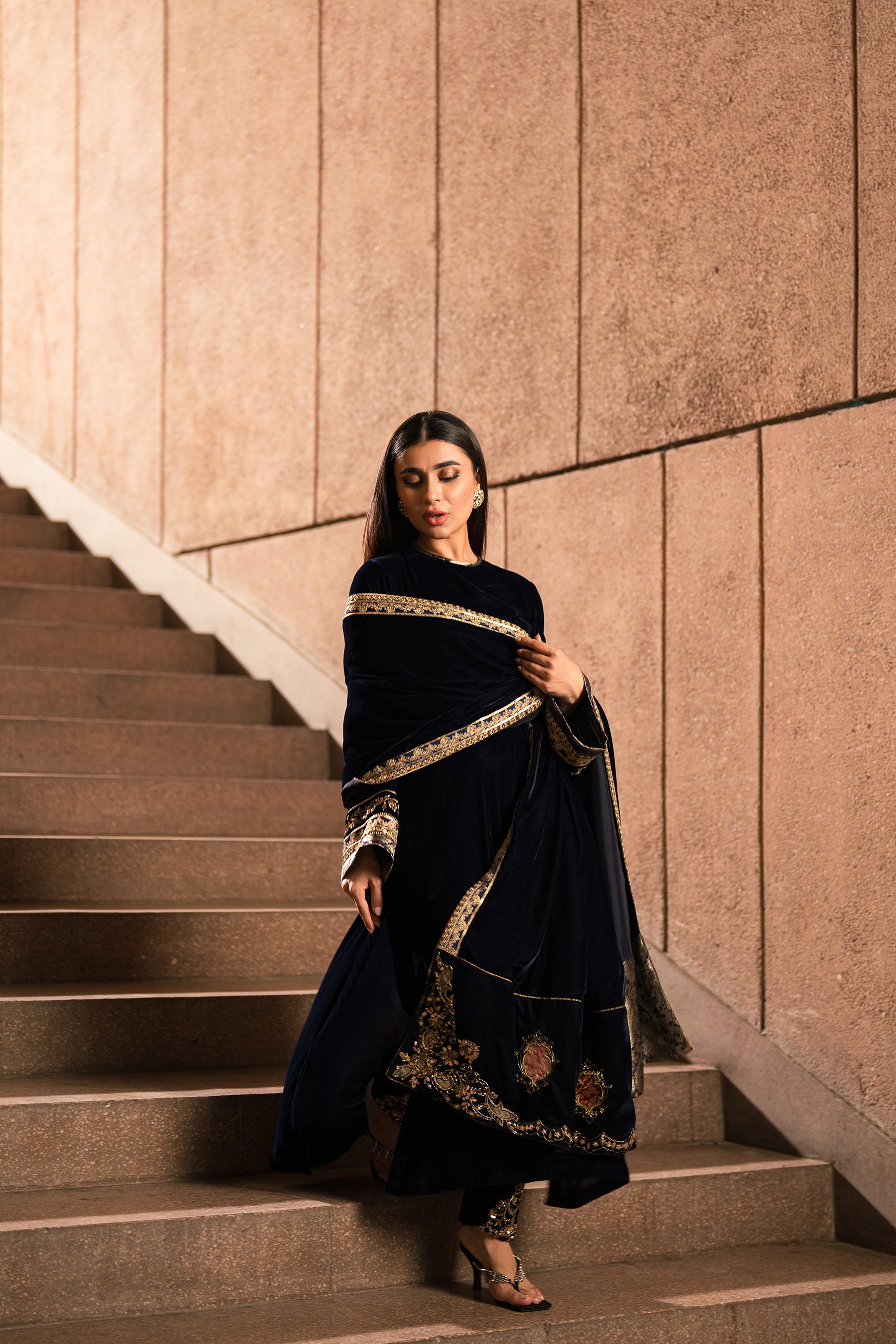 Navy Blue Zardozi Velvet Salwar Kameez (3-Piece) - Image 6