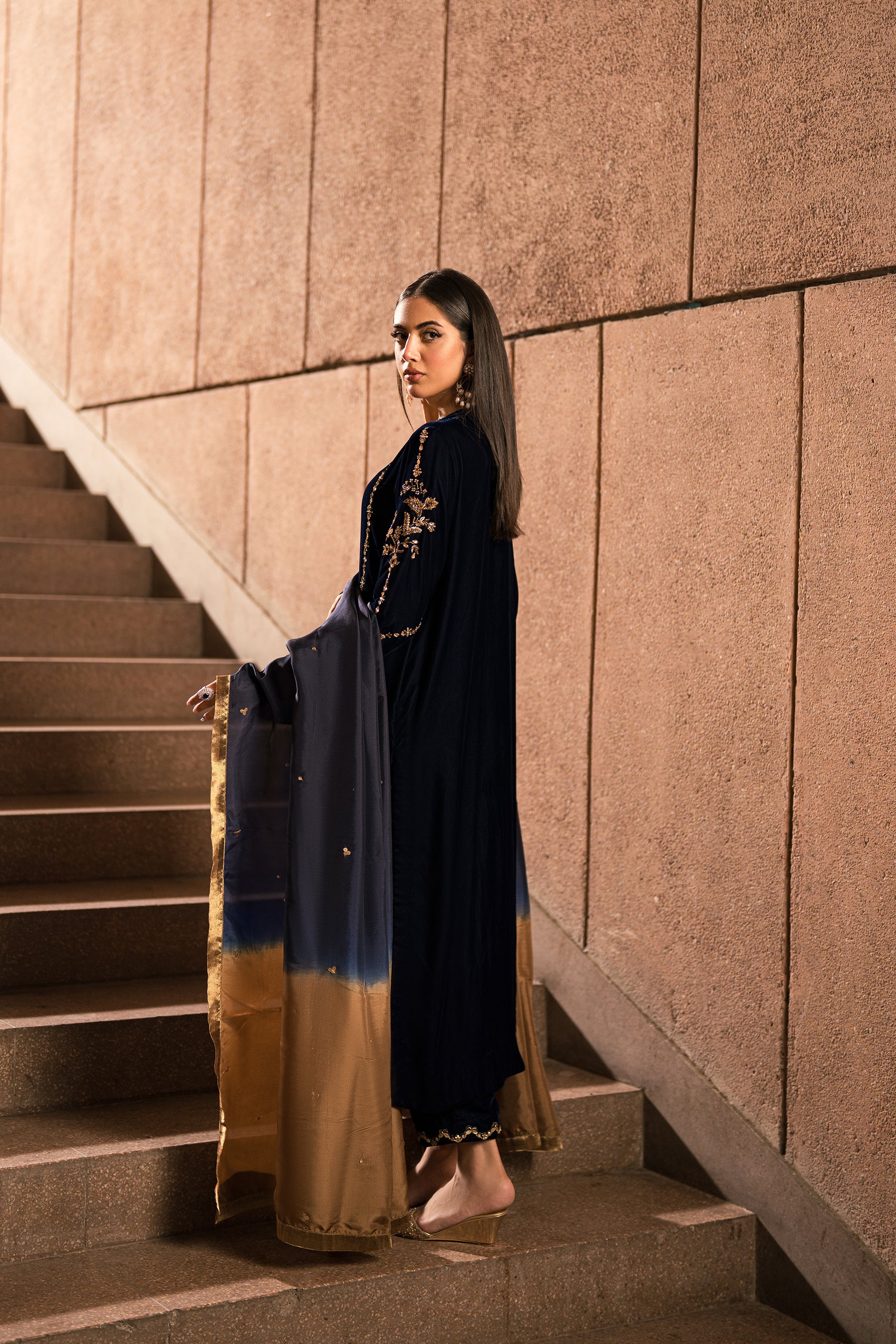 Navy Blue Zardozi Velvet & Silk 3-Piece Set - Image 3