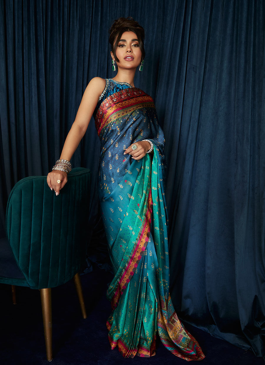 Pakistani Navy-Blue Sea Green Charmeuse Saree (2-Piece) - Image 1