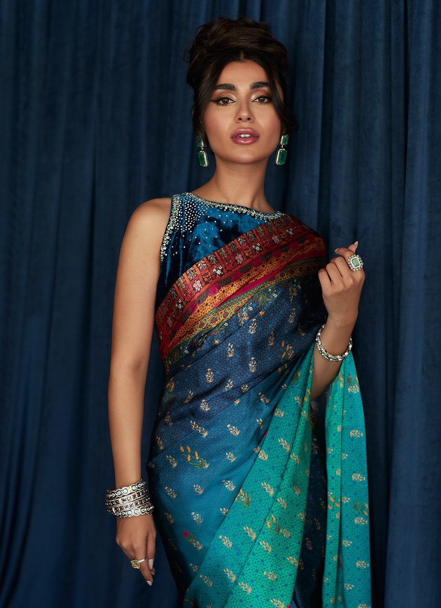 Pakistani Navy-Blue Sea Green Charmeuse Saree (2-Piece) - Image 2