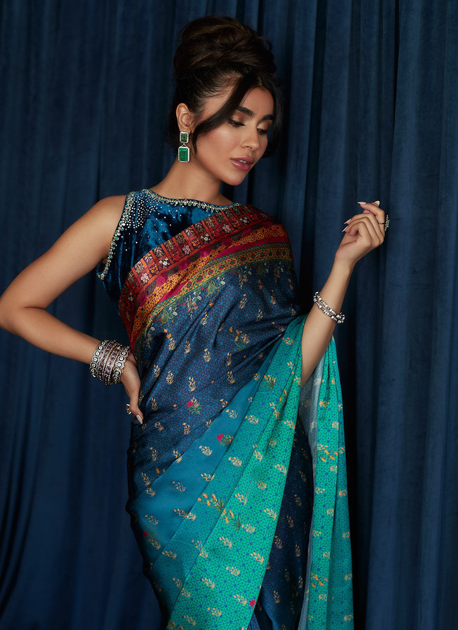 Pakistani Navy-Blue Sea Green Charmeuse Saree (2-Piece) - Image 3