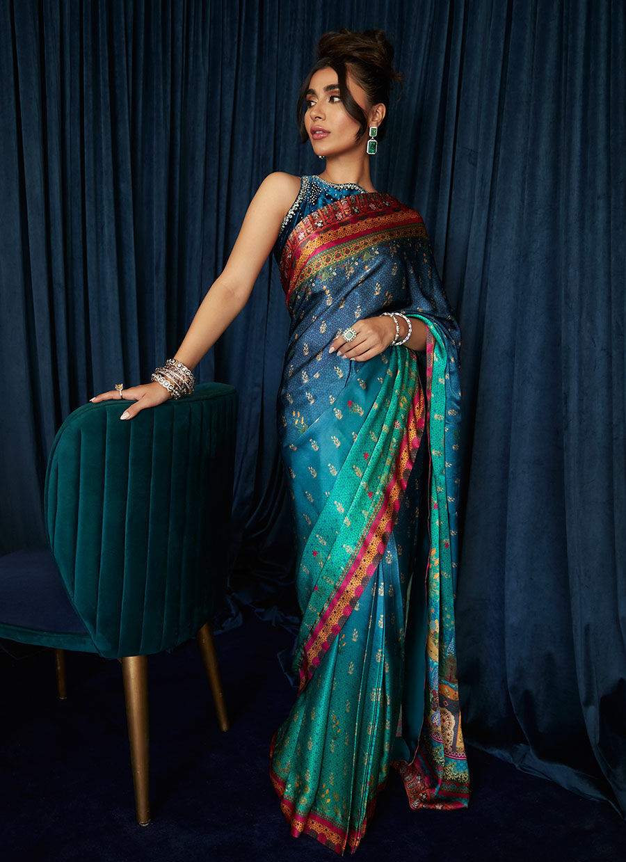 Pakistani Navy-Blue Sea Green Charmeuse Saree (2-Piece) - Image 4