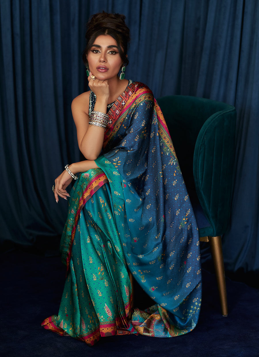 Pakistani Navy-Blue Sea Green Charmeuse Saree (2-Piece) - Image 5
