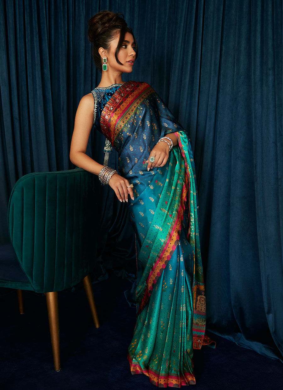 Pakistani Navy-Blue Sea Green Charmeuse Saree (2-Piece) - Image 7