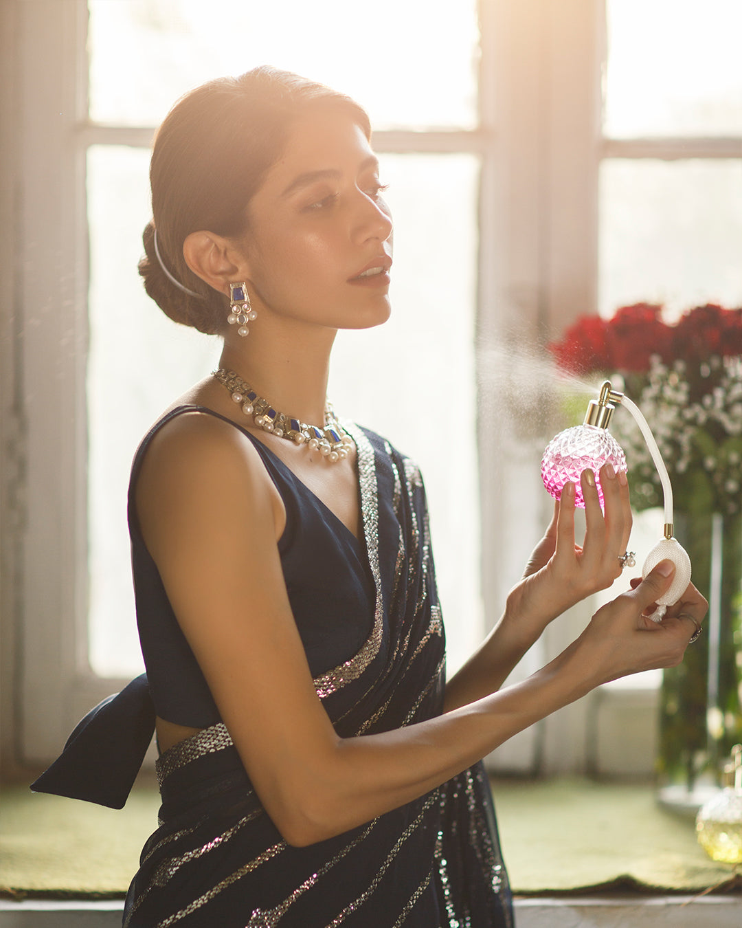 Navy Blue Mukaish Chiffon Saree (2-Piece) - Image 3