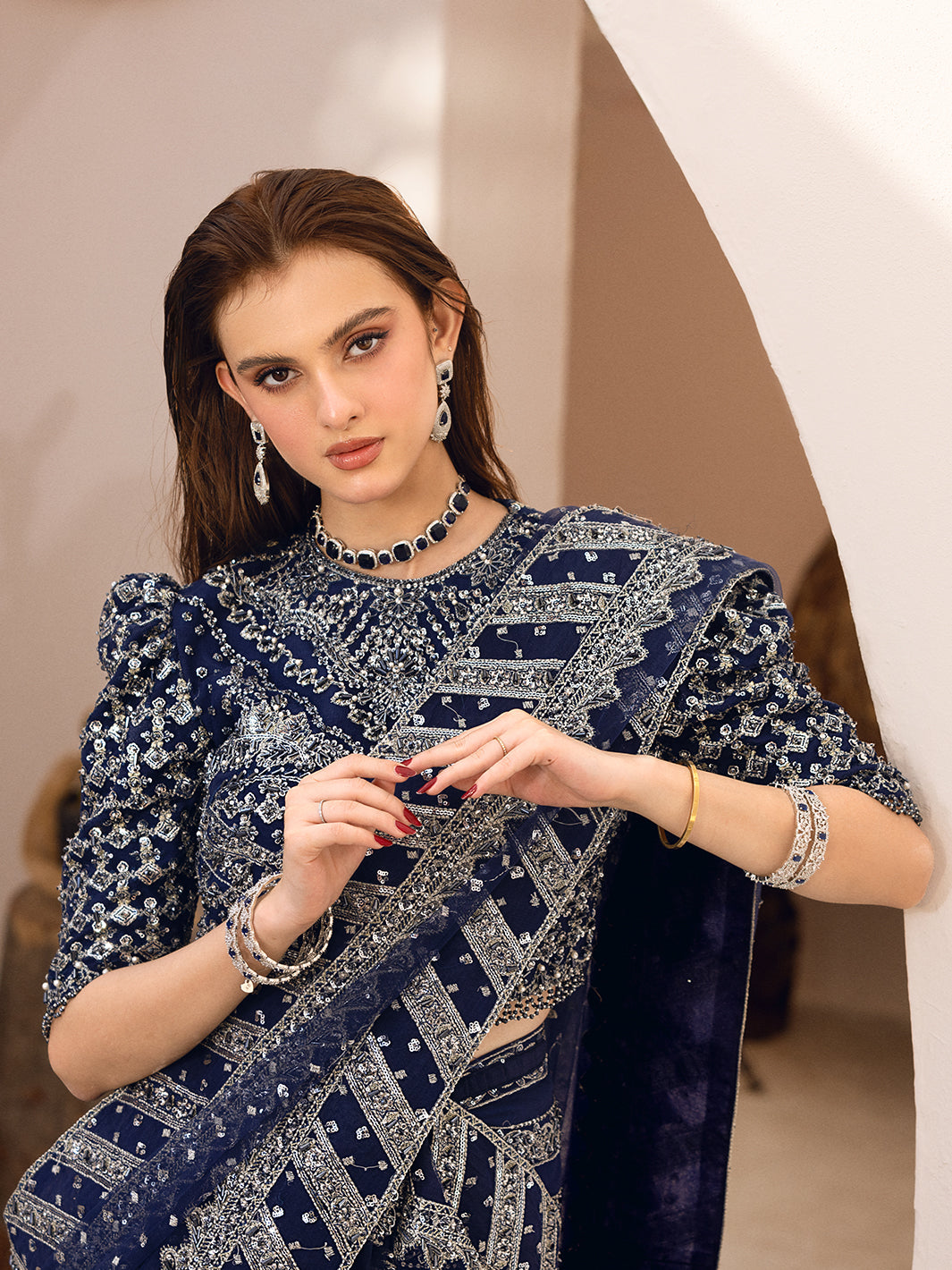 Indian Navy Blue Embellished Net Saree (2-Piece) - Image 10