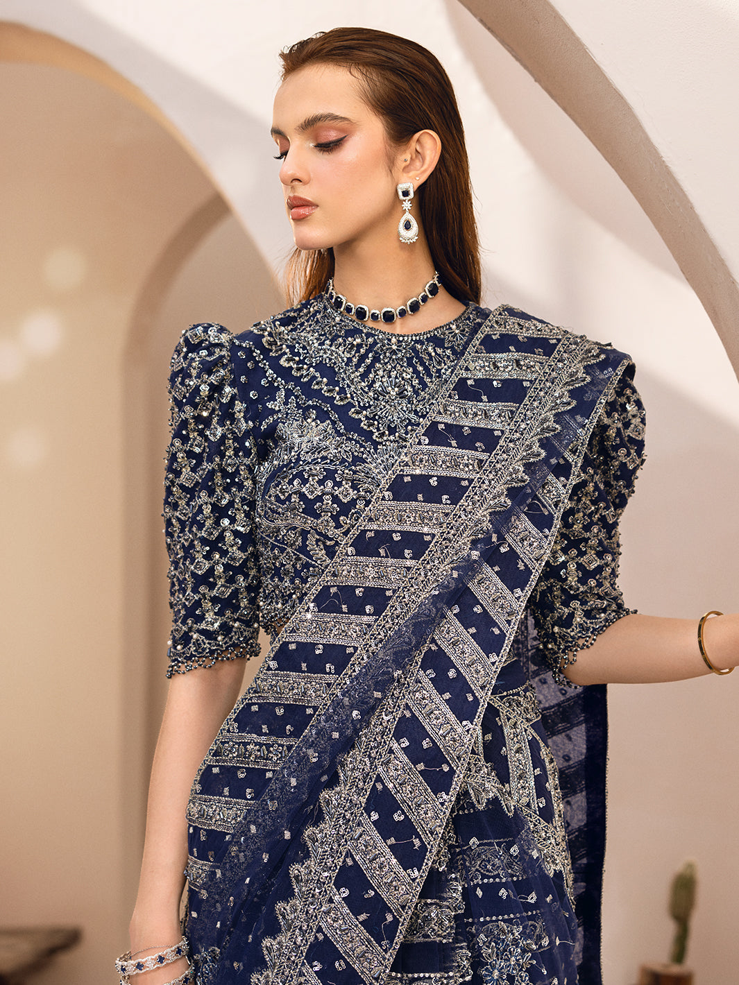 Indian Navy Blue Embellished Net Saree (2-Piece) - Image 11