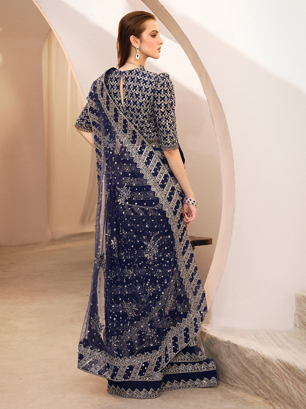 Indian Navy Blue Embellished Net Saree (2-Piece) - Image 4