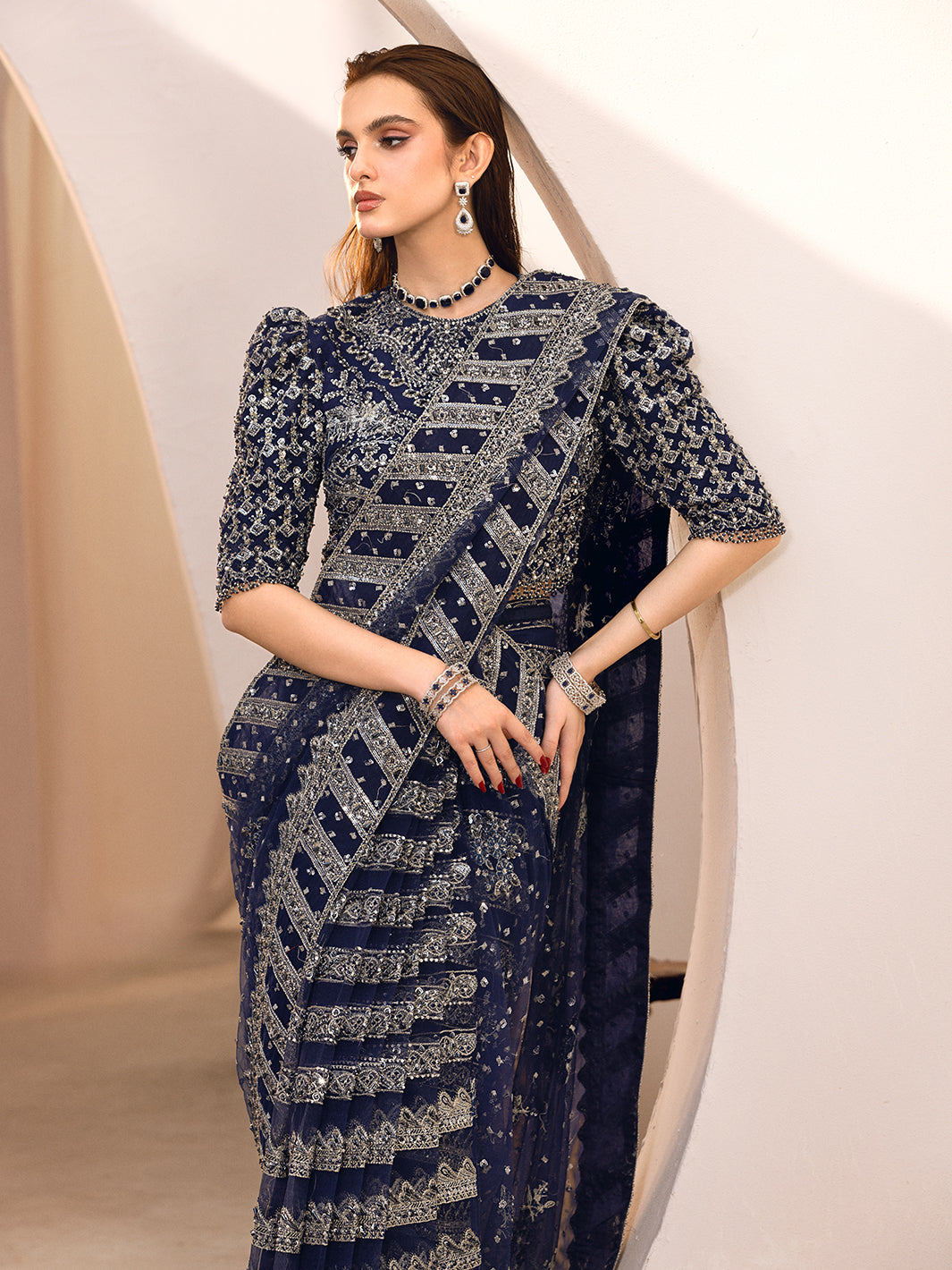 Indian Navy Blue Embellished Net Saree (2-Piece) - Image 7