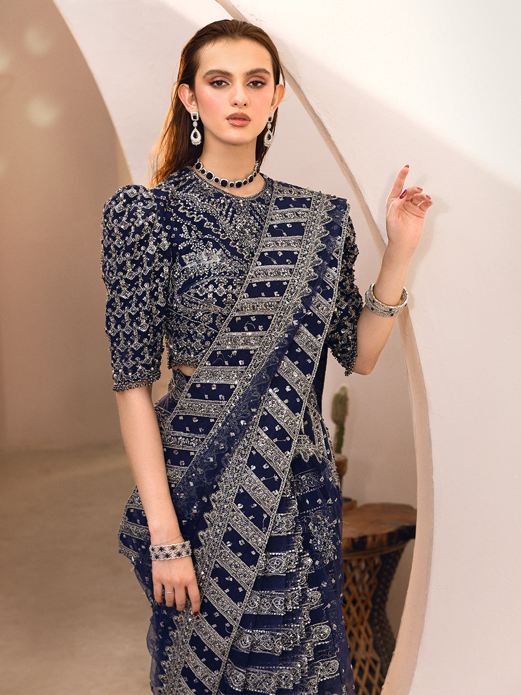 Indian Navy Blue Embellished Net Saree (2-Piece) - Image 9