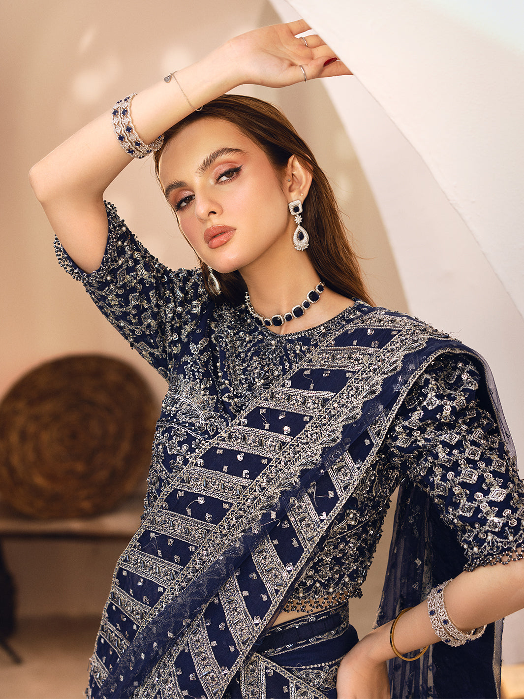 Pakistani Navy Blue Hand-Embellished Net Saree (2-Piece) - Image 1