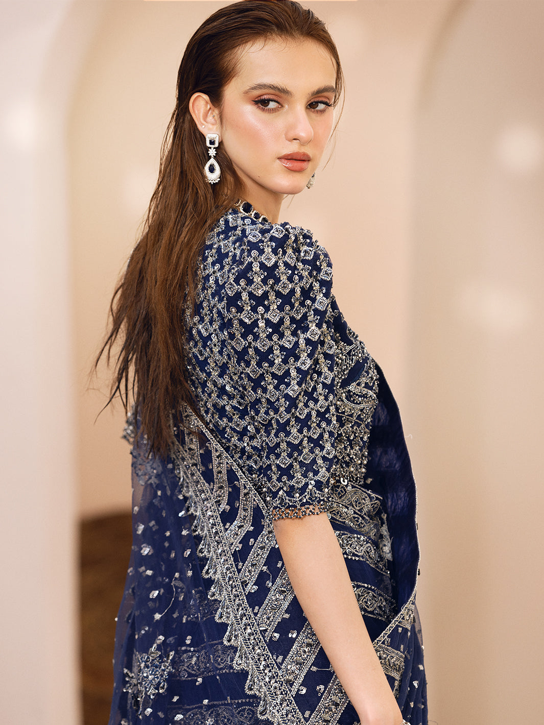 Pakistani Navy Blue Hand-Embellished Net Saree (2-Piece) - Image 12