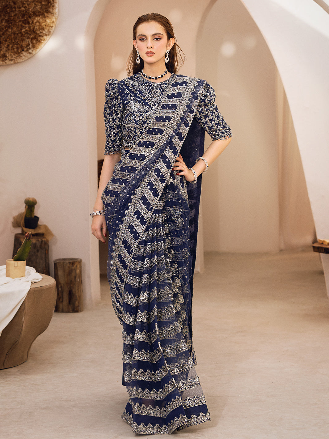 Pakistani Navy Blue Hand-Embellished Net Saree (2-Piece) - Image 5