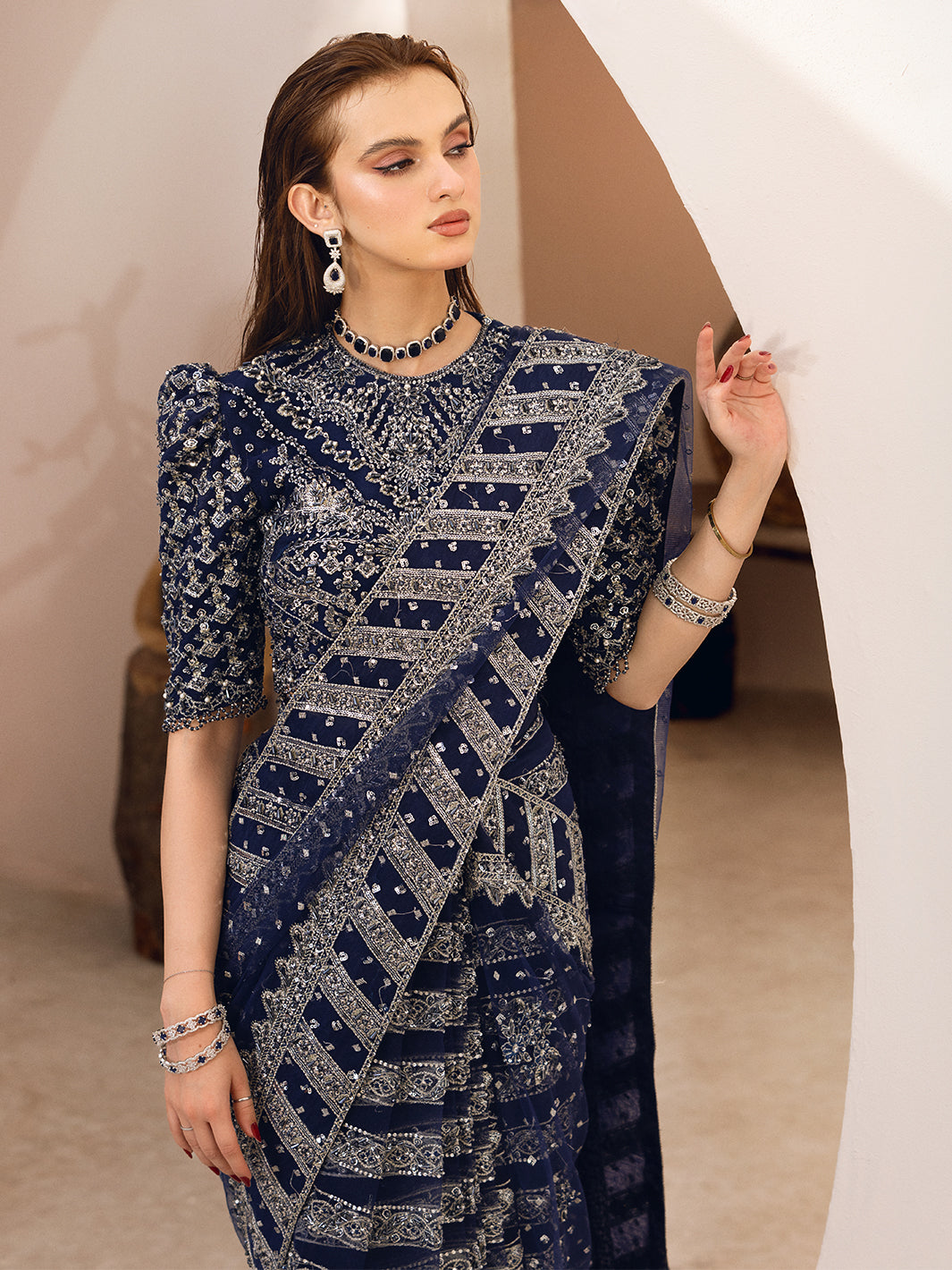 Pakistani Navy Blue Hand-Embellished Net Saree (2-Piece) - Image 6