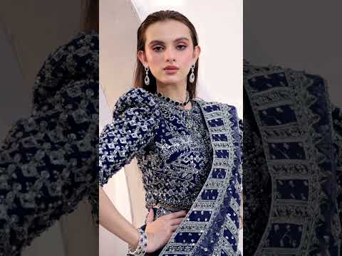 Pakistani Navy Blue Hand-Embellished Net Saree (2-Piece) - Image 8