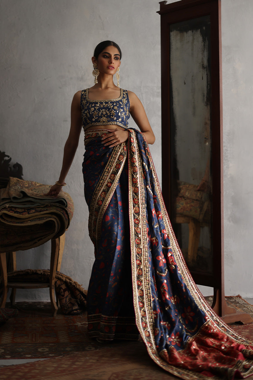 Pakistani Navy & Red Gota Zardozi Raw Silk Saree (2-Piece) - Image 1