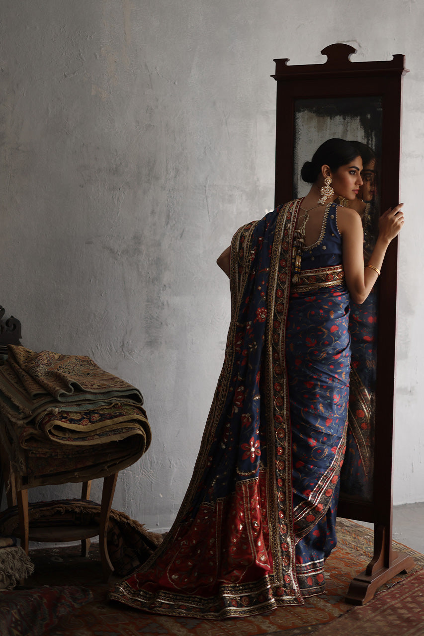 Pakistani Navy & Red Gota Zardozi Raw Silk Saree (2-Piece) - Image 2