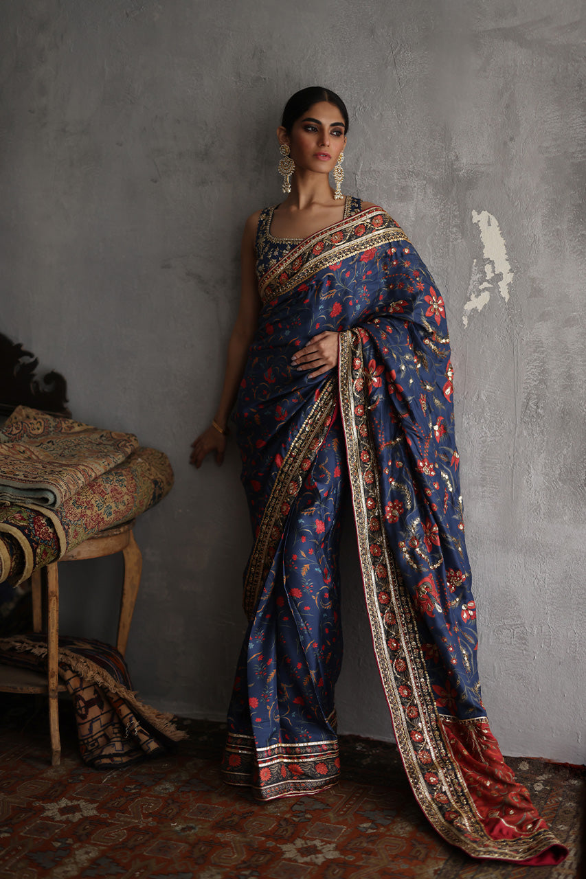 Pakistani Navy & Red Gota Zardozi Raw Silk Saree (2-Piece) - Image 2