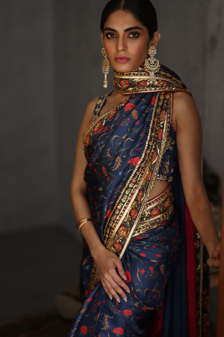 Pakistani Navy & Red Gota Zardozi Raw Silk Saree (2-Piece) - Image 4