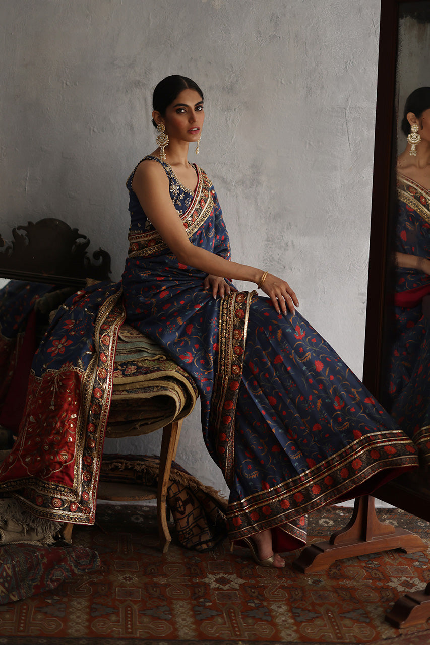 Pakistani Navy & Red Gota Zardozi Raw Silk Saree (2-Piece) - Image 5