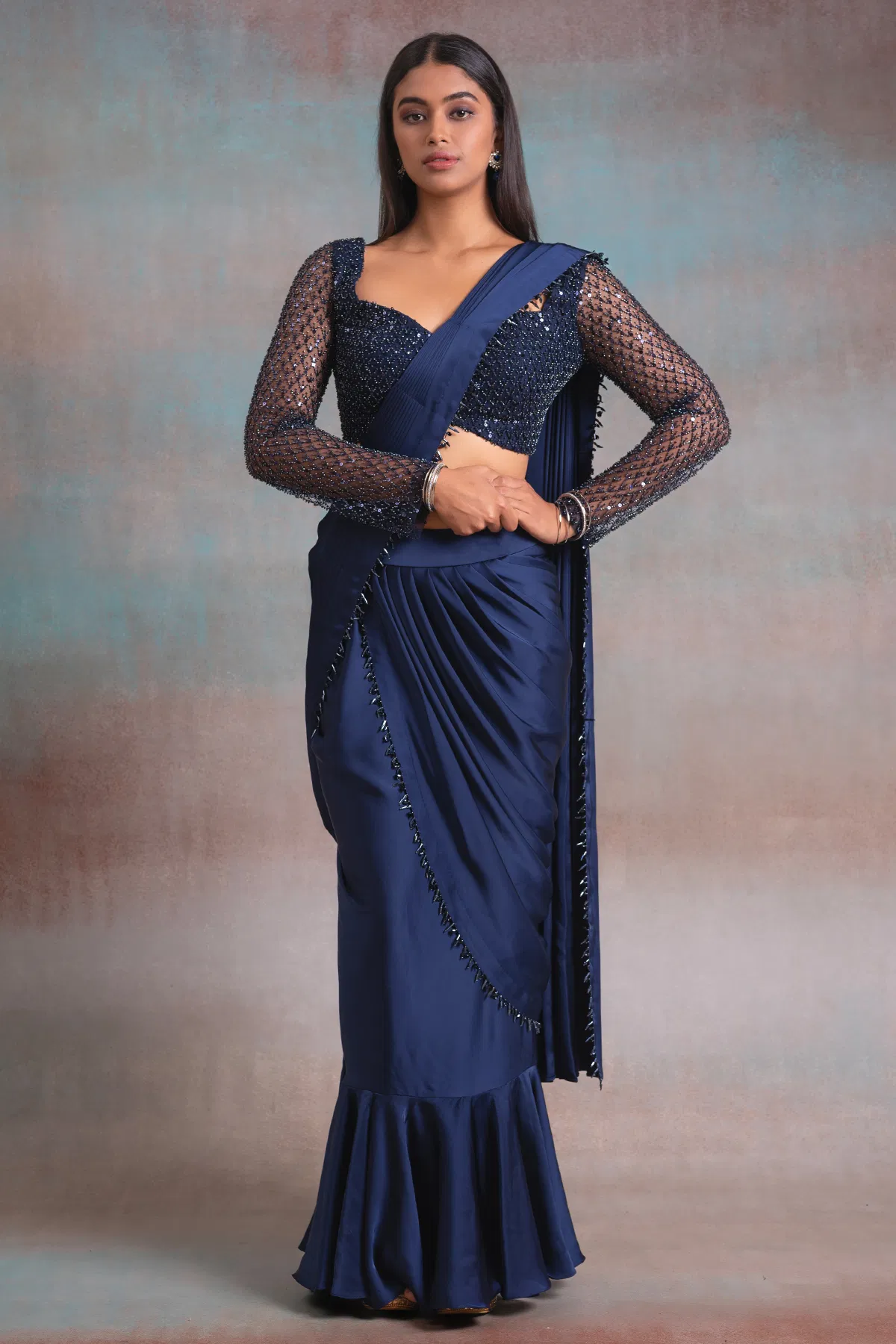 Navy Blue Beaded Satin Drape Saree (2-Piece) - Image 1