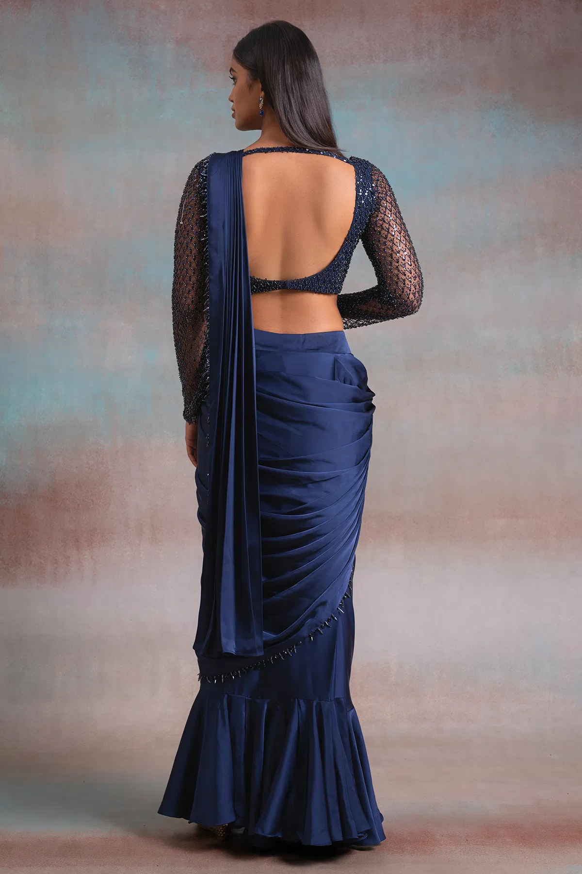 Navy Blue Beaded Satin Drape Saree (2-Piece) - Image 4