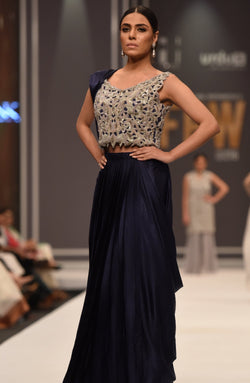 Pakistani Silver Embellished Silk Blouse with Navy Pleated Sari (2-Piece) - Image 1