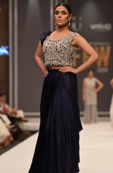 Pakistani Silver Embellished Silk Blouse with Navy Pleated Sari (2-Piece) - Image 2