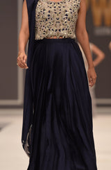 Pakistani Silver Embellished Silk Blouse with Navy Pleated Sari (2-Piece) - Image 5