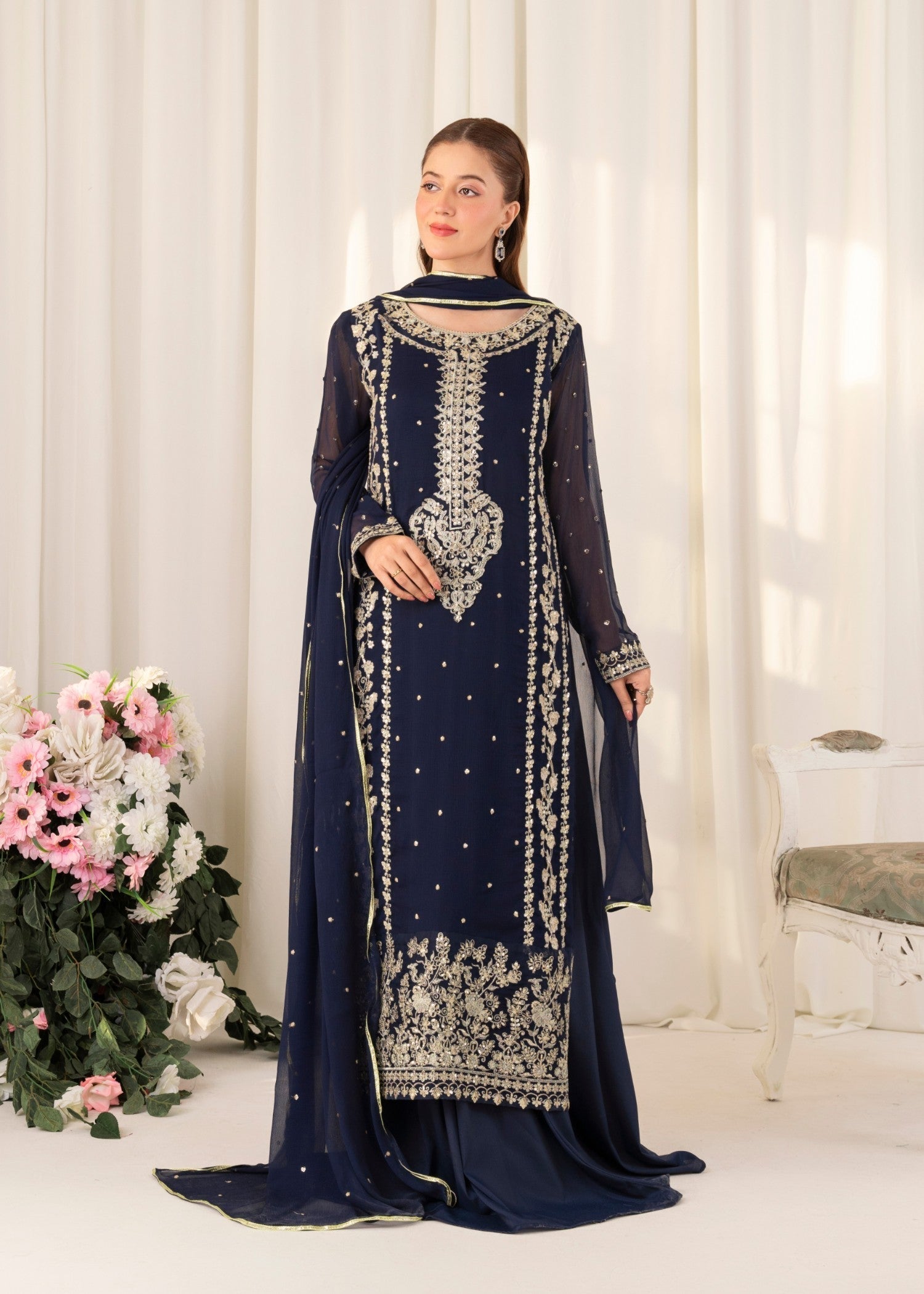 Navy Blue Embroidered Chiffon Sharara Set (3-Piece) - Image 1