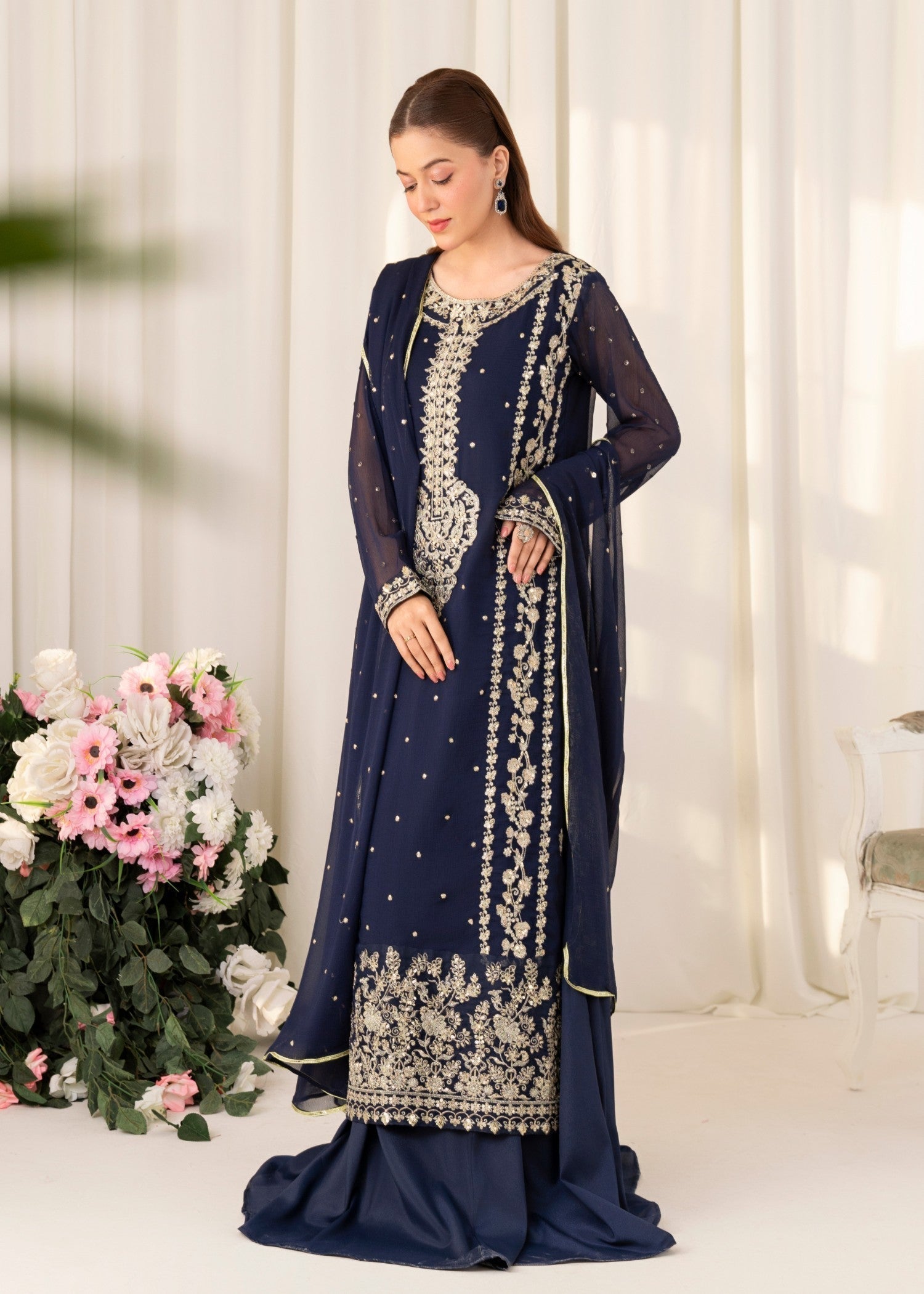 Navy Blue Embroidered Chiffon Sharara Set (3-Piece) - Image 2