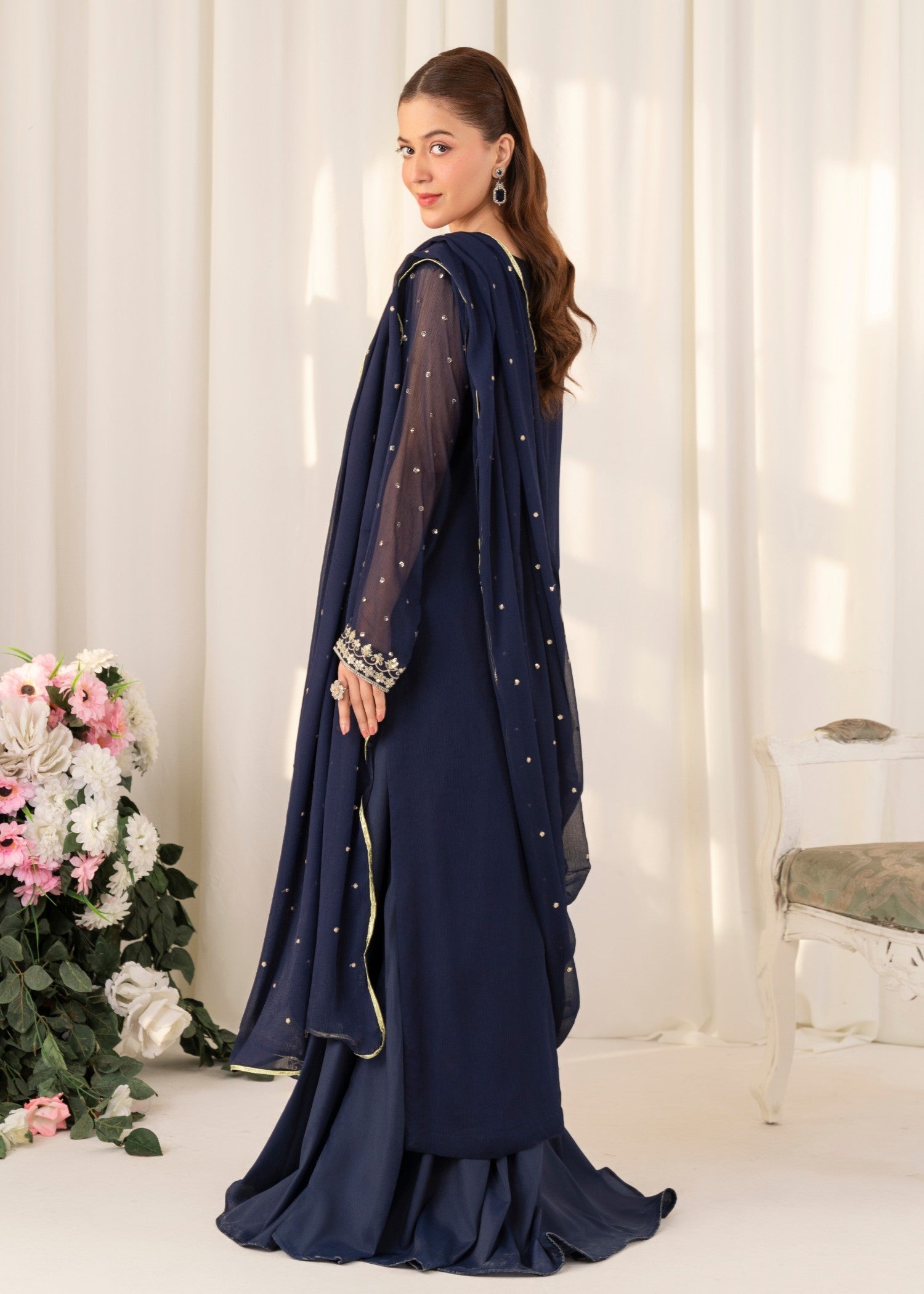 Navy Blue Embroidered Chiffon Sharara Set (3-Piece) - Image 3