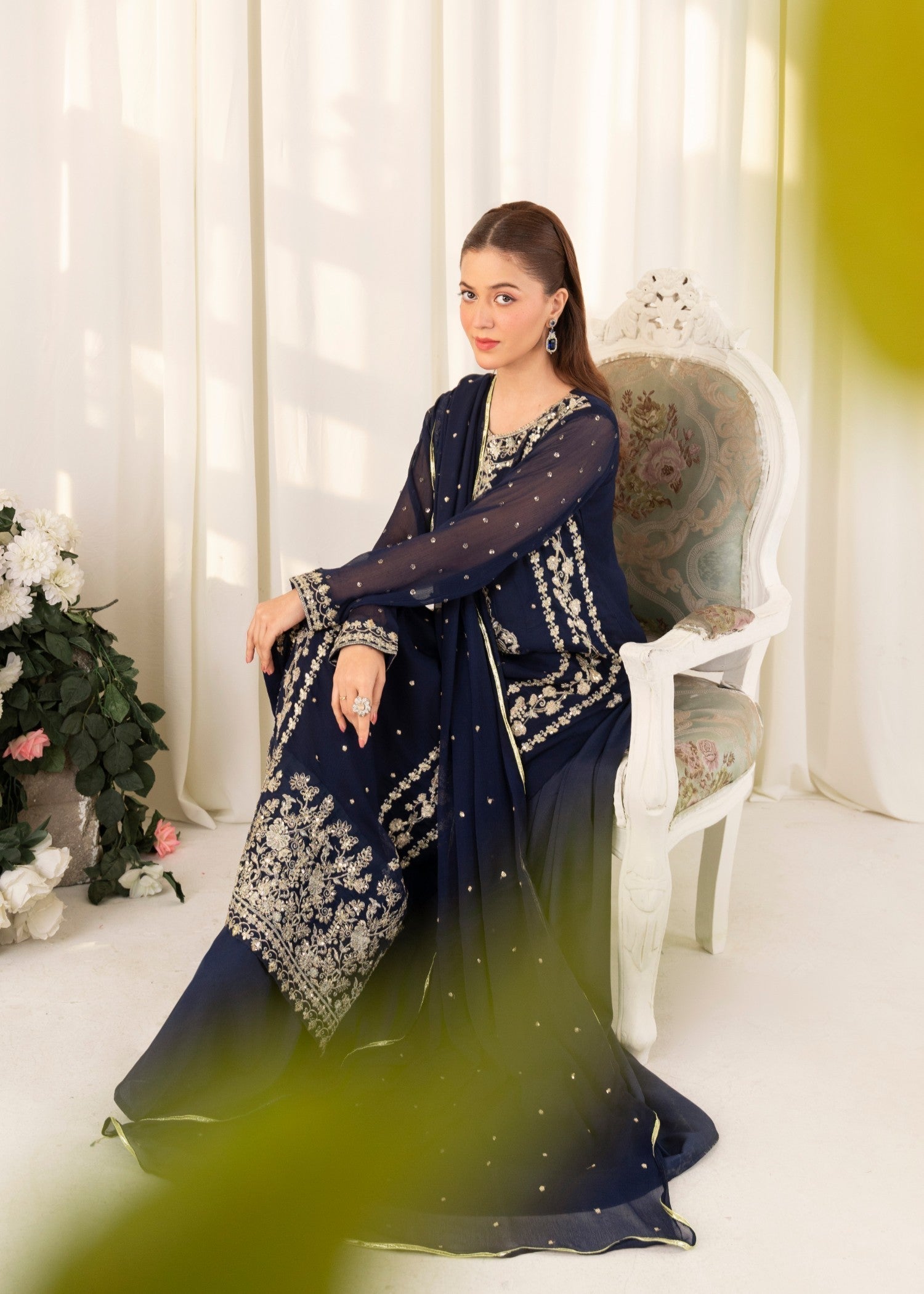 Navy Blue Embroidered Chiffon Sharara Set (3-Piece) - Image 4