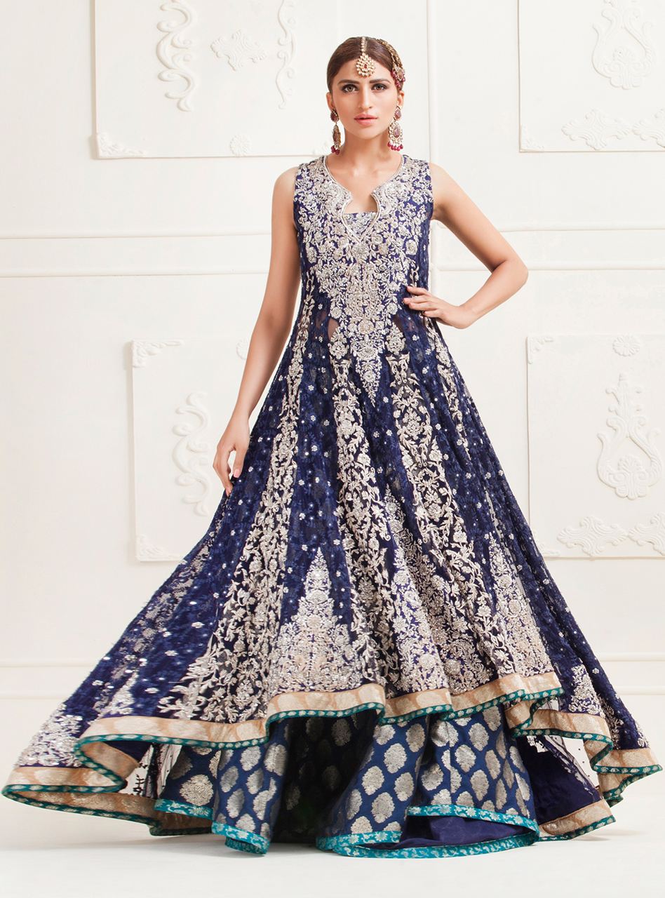 Navy Blue Embroidered Net Sharara Dress (3-Piece) - Image 1