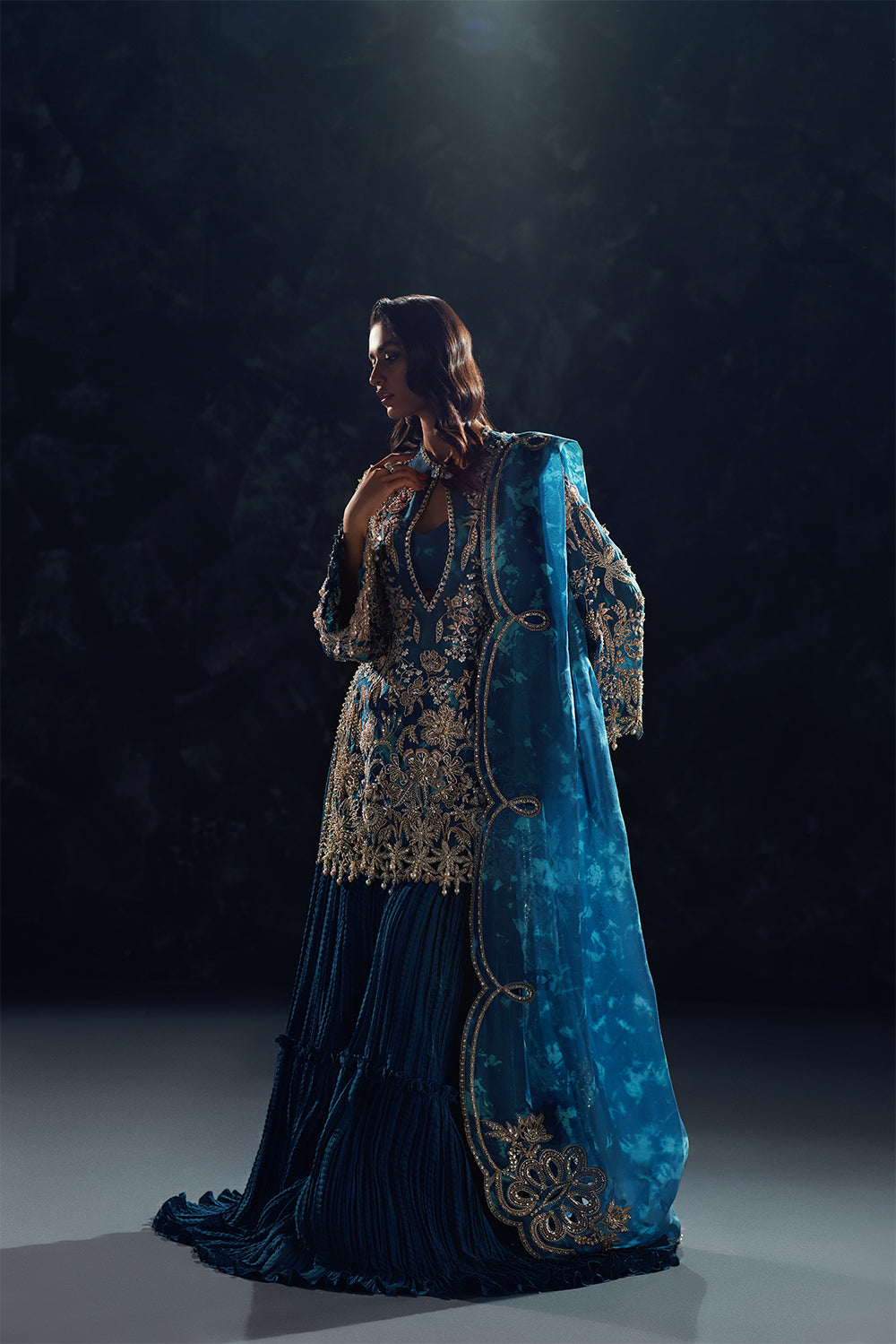 Indian Deep Navy Dabka Organza Sharara Set (3-Piece) - Image 2