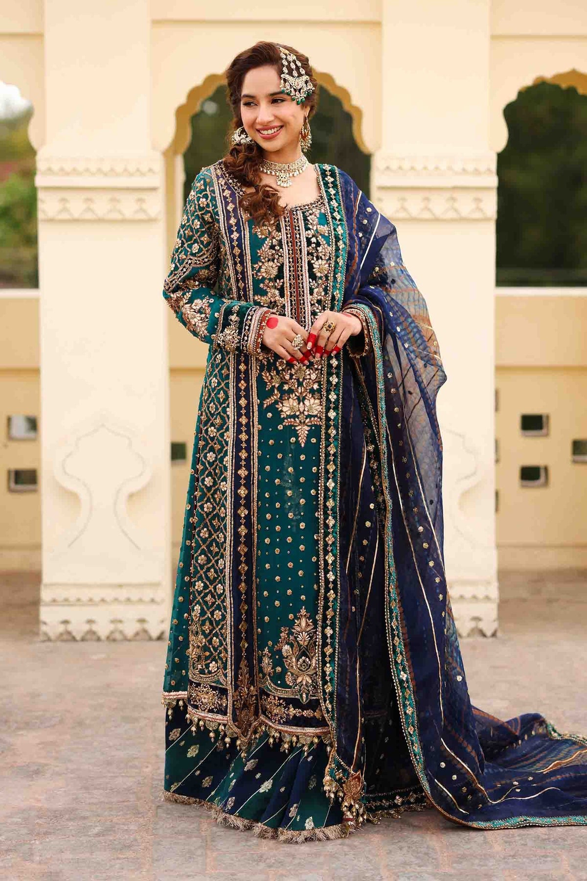 Navy Blue Dabka Naqshi Organza Silk Sharara (3-Piece) - Image 1
