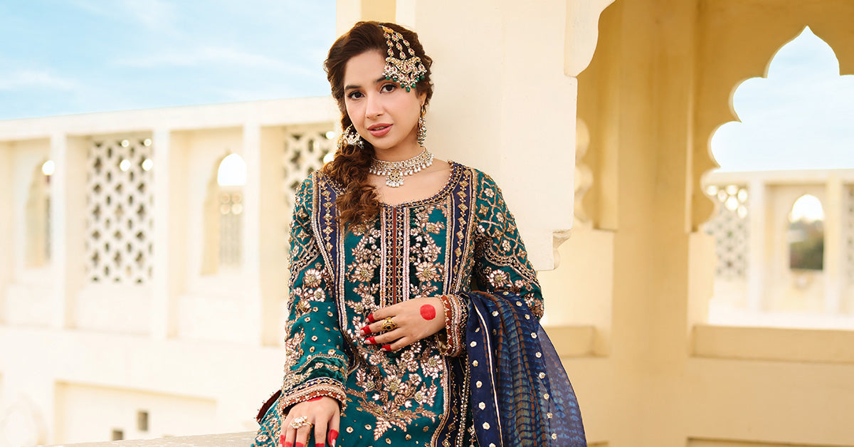 Navy Blue Dabka Naqshi Organza Silk Sharara (3-Piece) - Image 11