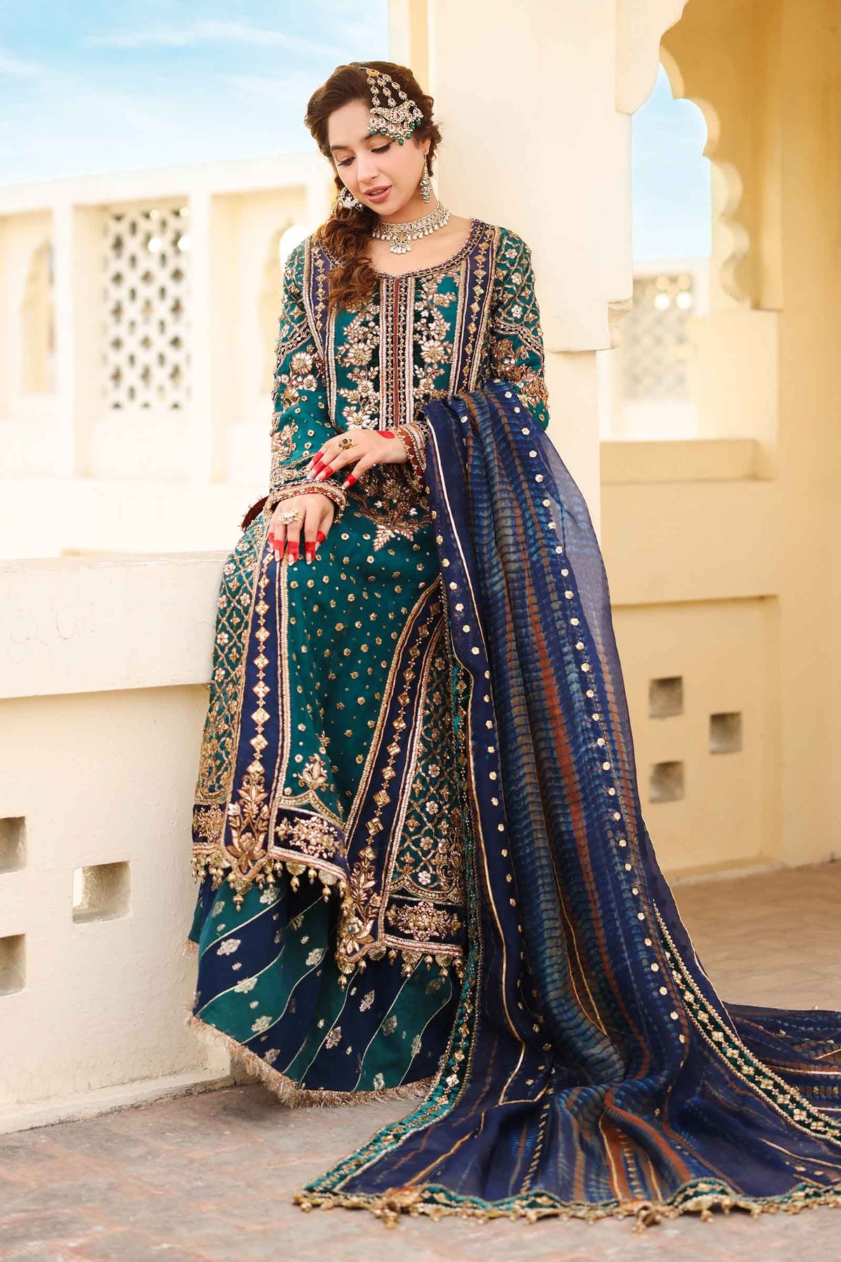 Navy Blue Dabka Naqshi Organza Silk Sharara (3-Piece) - Image 4