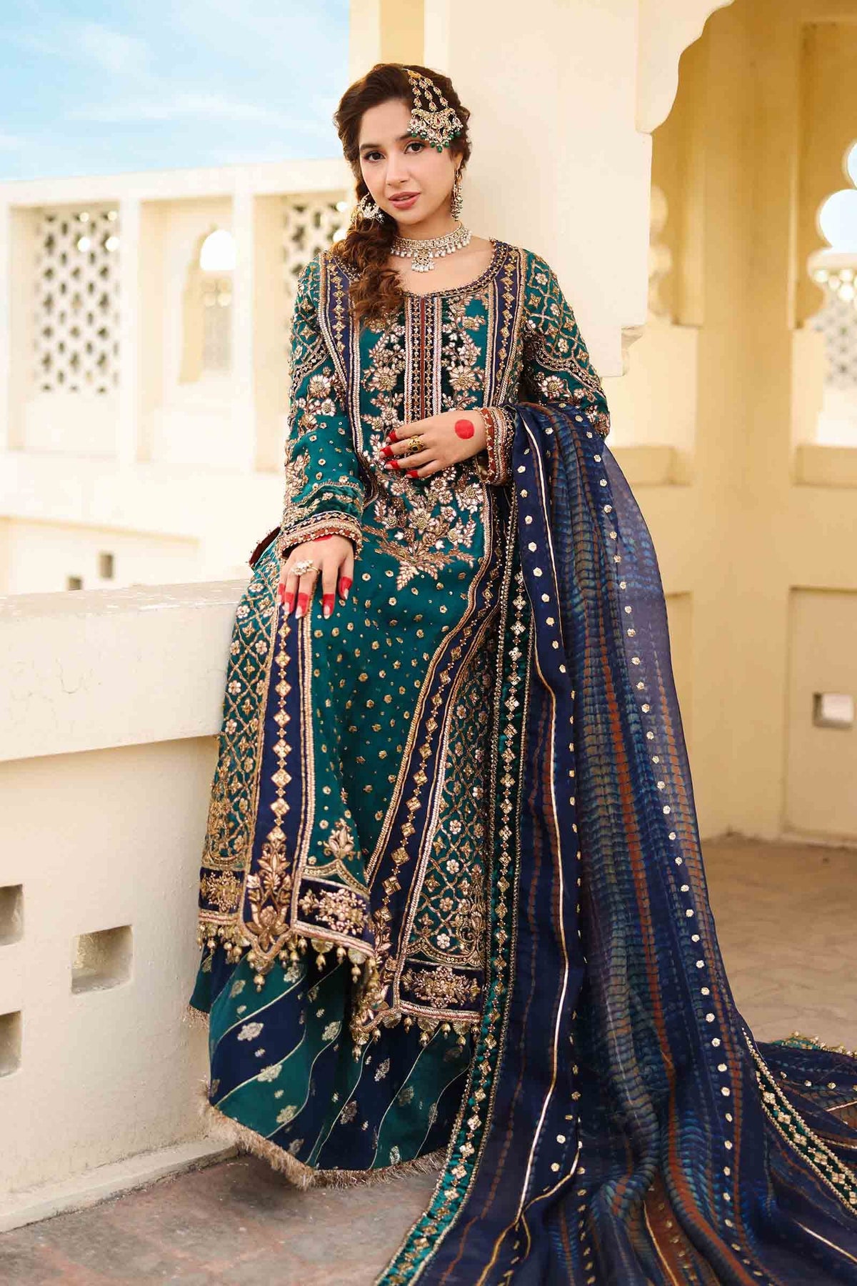 Navy Blue Dabka Naqshi Organza Silk Sharara (3-Piece) - Image 6