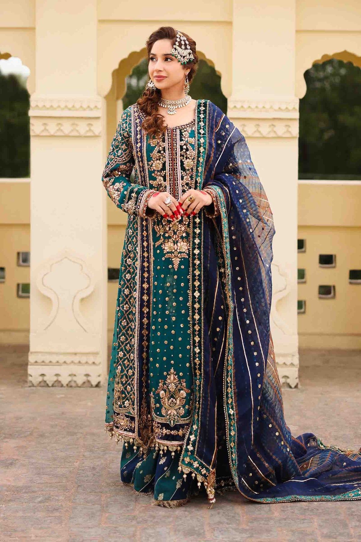 Navy Blue Dabka Naqshi Organza Silk Sharara (3-Piece) - Image 8