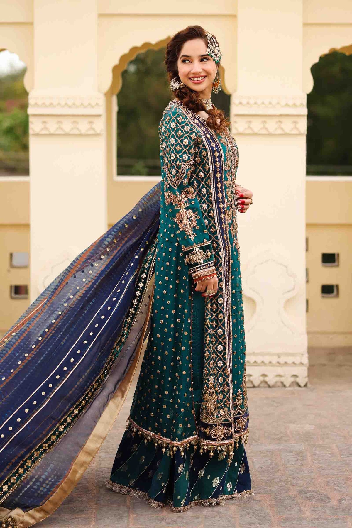 Navy Blue Dabka Naqshi Organza Silk Sharara (3-Piece) - Image 9